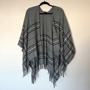 Grey Plaid with Fringe Hem Blanket Wrap Cape